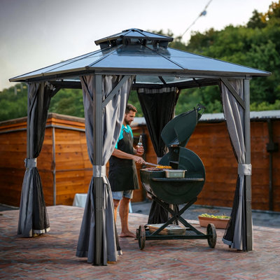 Outdoor Grill Gazebo 8 X 8FT, Hardtop BBQ Gazebo With UV-Resistant Polycarbonate Roof & Storage Hooks For Patio, Lawn, Garden