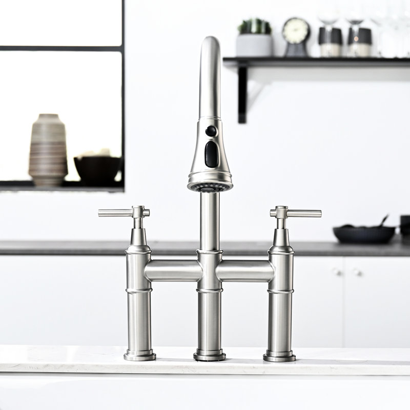 Robinet rétractable en nickel brossé pour évier de cuisine, 3 trous 2 poignées, poignées de trous d'évier de qualité supérieure, nickel, débit efficace
