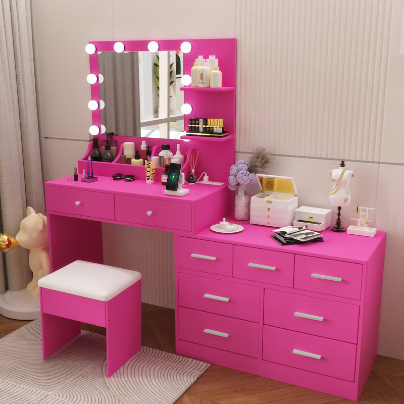 Ensemble de coiffeuse de maquillage rose foncé avec lumières, prise USB et 9 tiroirs, Rose foncé