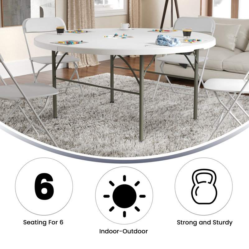 Granite White 60'' Round Bi-Fold Table with Metal Frame and Handle