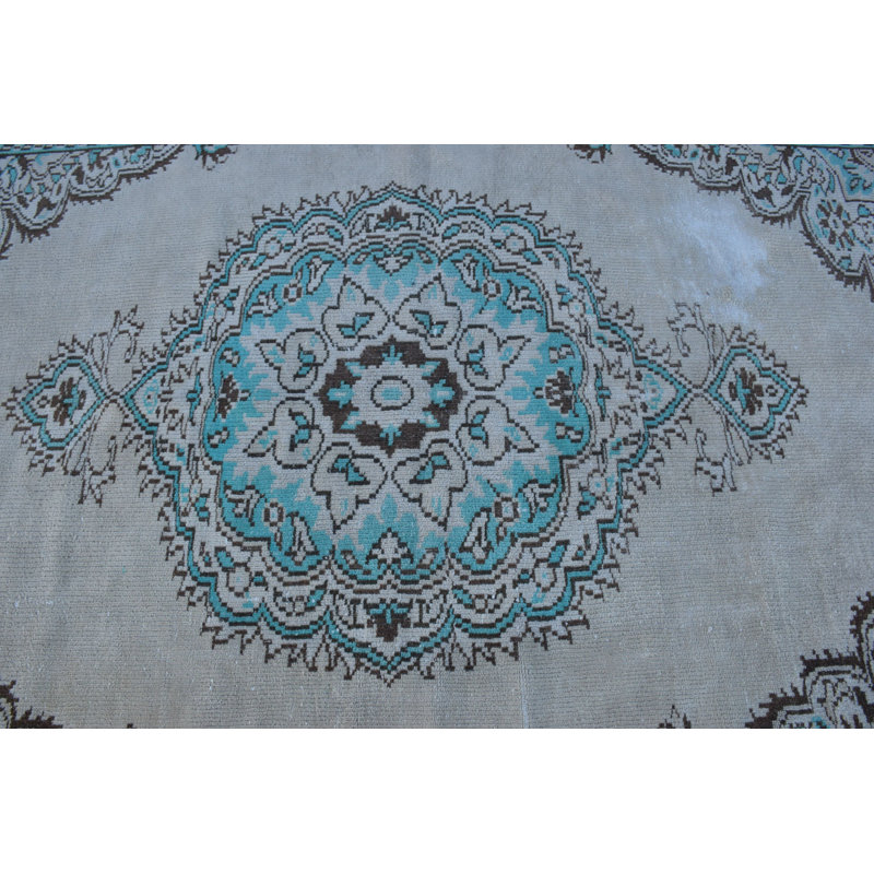 Tapis turc bleu et beige fabriqué à la main à motif floral traditionnel pour décoration intérieure rétro