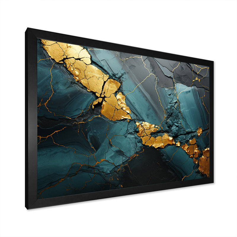 Décoration murale en marbre Aura II doré et vert, Cadre d'angle fermé noir, H 12 po x l 20 po x P 1 po