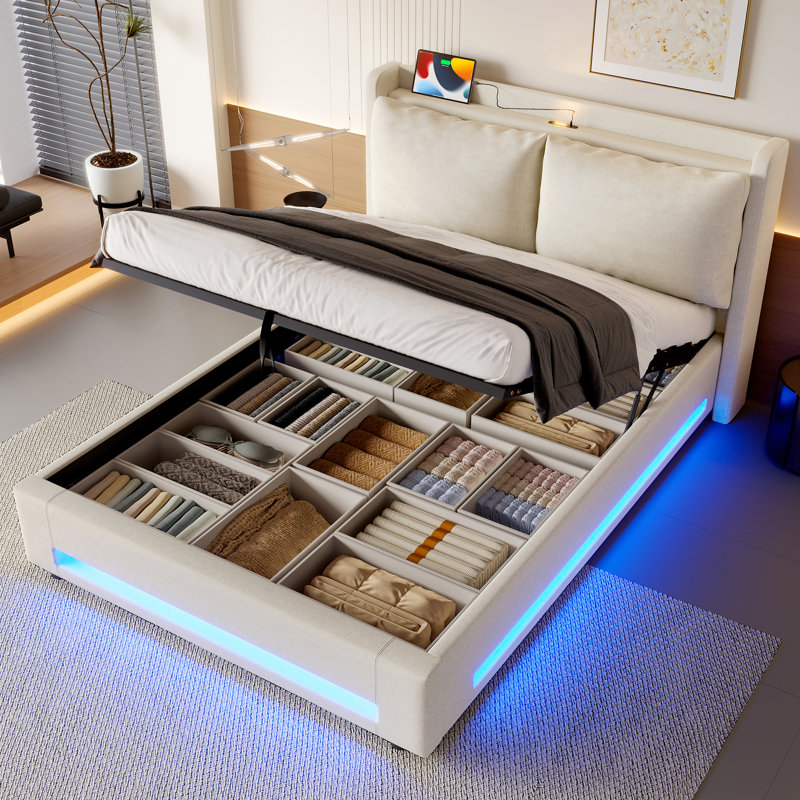 Upholstered Ottoman Storage Bed, Kingsize (5'), Beige