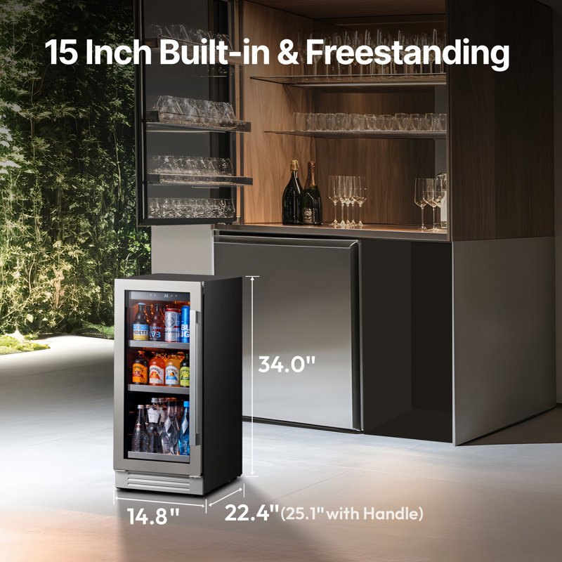 Réfrigérateur à boissons intégré de 15 po avec capacité de 80 à 100 canettes avec tablettes réglables et refroidissement silencieux
