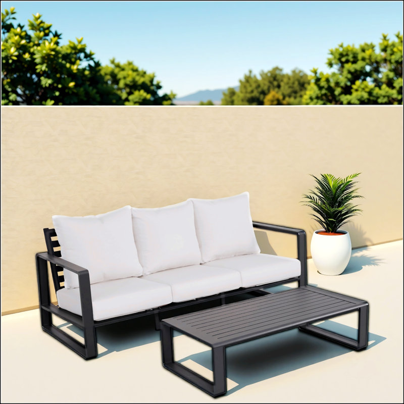 Canapé à trois places + table basse rectangulaire, Brun / Beige