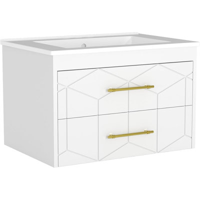 Ensemble de meuble-lavabo moderne flottant - Armoire murale 36 po avec 2 grands tiroirs à fermeture douce, poignées dorées, lavabo en céramique, assemblage facile - blanc, 36 po