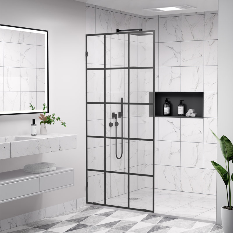 Panneau de douche fixe sans cadre de 86 cm (L) x 198 cm (H), motif quadrillé noir, verre trempé nano-revêtu pour douche à l'italienne