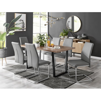 Kylooe Modern Brown Wood And Black Metal Dining Table Set With 6 Upholstered Faux Leather Chairs