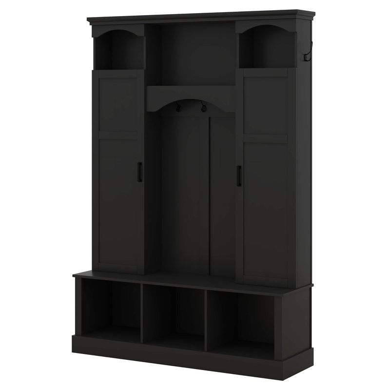 Hall Tree With Bench And Dual Side Cabinets, All-In-One Hall Tree With Adjustable Shelves, Entryway Organizer With 7 Hooks