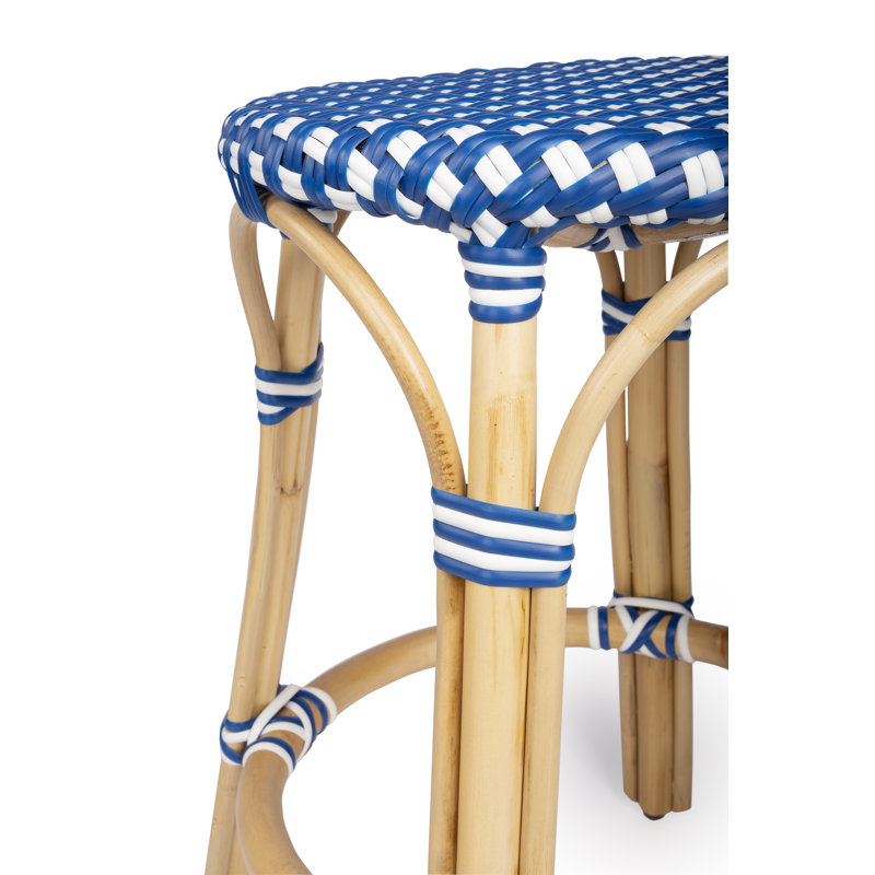 Tobias Rattan Bar Stool & Counter Stool, Blue/White Dot/Natural Rattan Frame, Counter Stool (24" Seat Height)