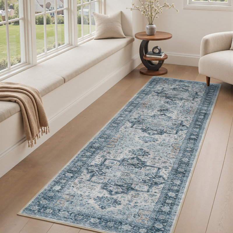 Machine Washable Oriental Floral Blue Hallway Runner Rug, Runner 2' x 8'