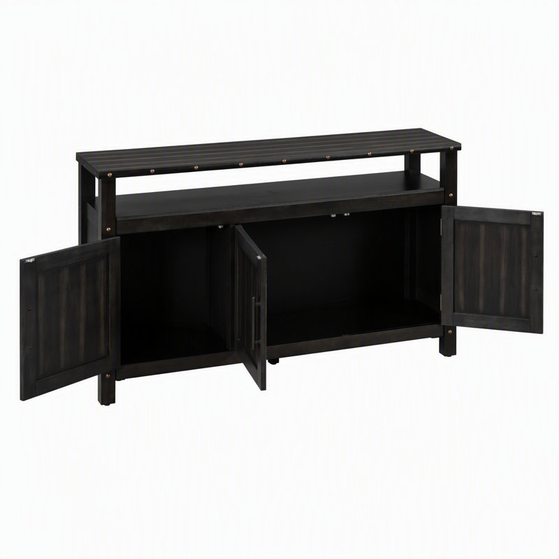 Buffet en bois avec rangement à 3 portes, poignées en métal et rivets métalliques apparents, Noir