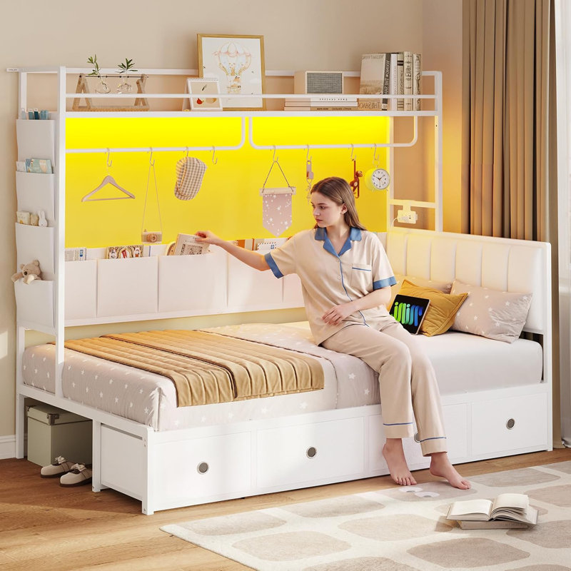 Lit d'angle simple avec 4 tiroirs et 10 poches de rangement, lit de jour avec tablette et portemanteau, lit plateforme simple en métal avec station de charge, lumière DEL, lit d'angle simple en L, blanc
