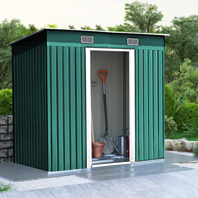 Dark Green Flat Roof Metal Tool Shed