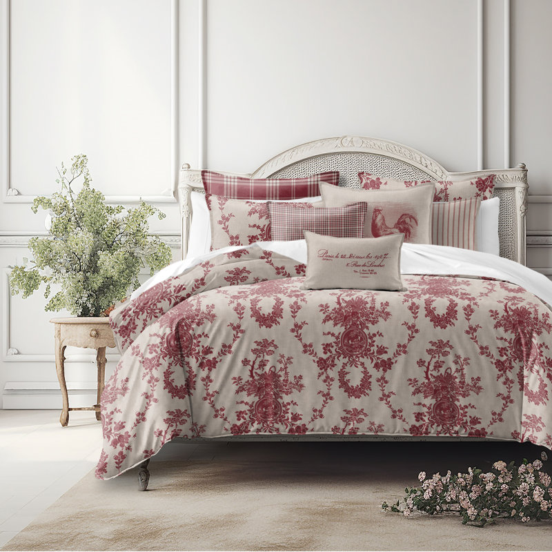 Country Lane Toile Crimson Cotton Coverlet Set  8 Piece, Super Queen Coverlet + 7 Additional Pieces