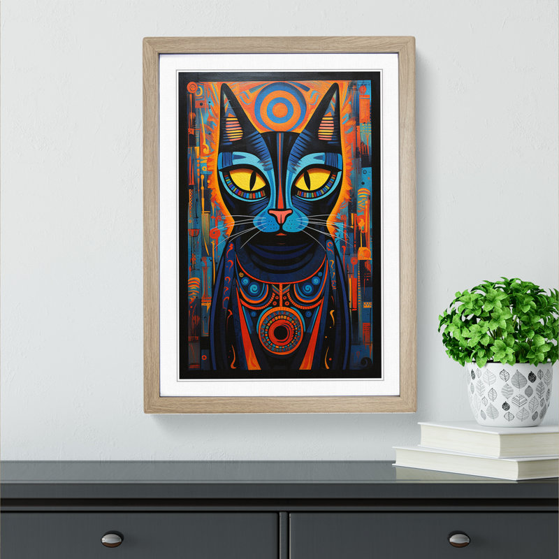 XYZ-FRM-V1223-615 Egyptian Cat Modern 1 Piece Single Picture Frame Wall Art, 46cm H x 34cm W x 2cm D, Oak