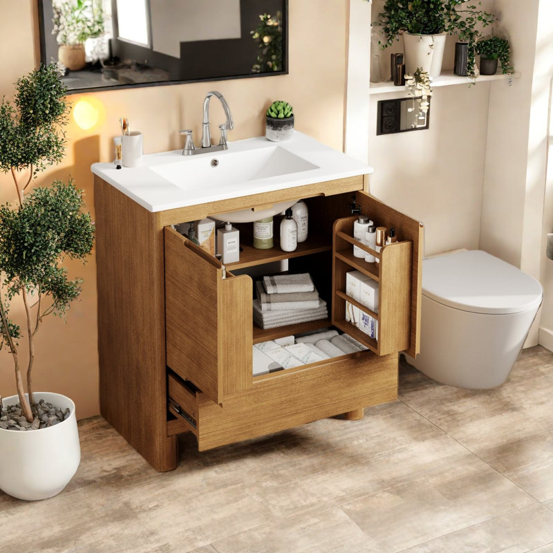 Meuble-lavabo spacieux et moderne avec lavabo en céramique, structure en bois de pin