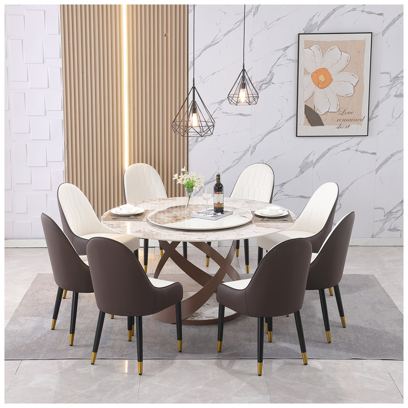 Ensemble de table de salle à manger moderne en pierre agglomérée 59 "avec paresseux et 8 chaises, meuble de cuisine piédestal de luxe