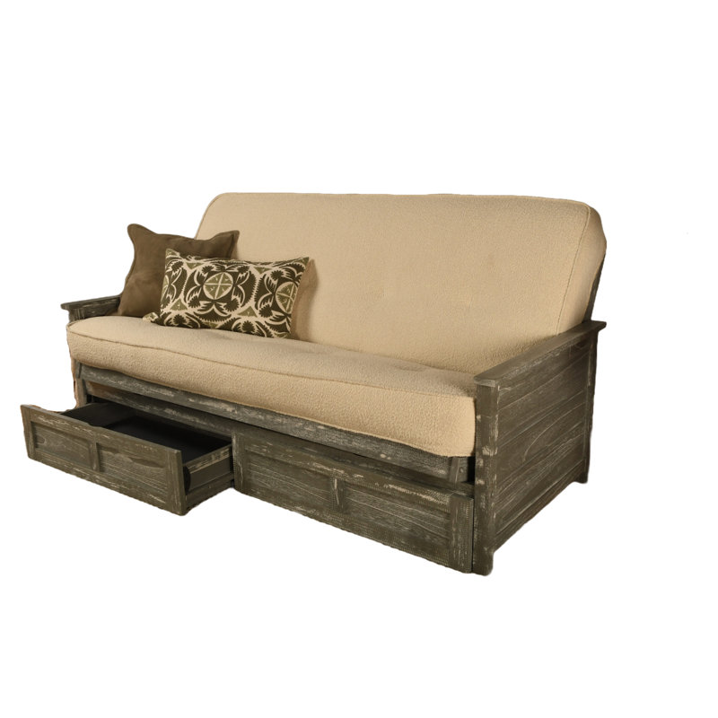Futon double avec matelas avec rangement Emmiliano, Gris patiné, 100% polyester crème cantonnée