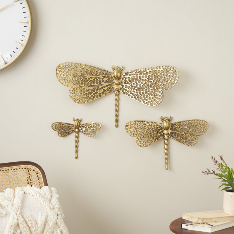 Aluminum Metal Dragonfly Gold Wall Decor with Spotted Cutout Wings Set