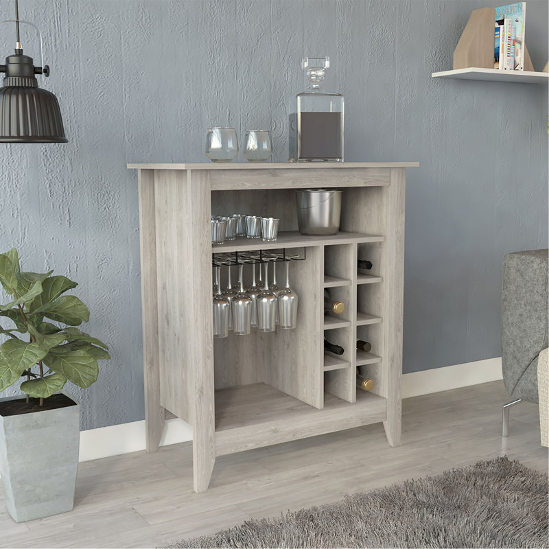 Armoire de bar Essential, une tablette ouverte, six supports à vin intégrés, un tiroir, Gris
