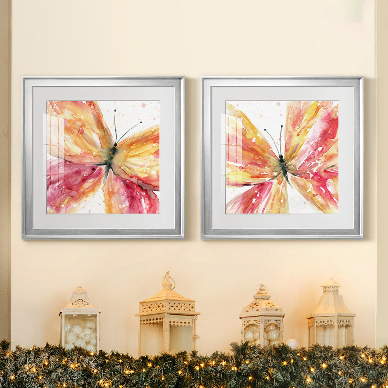 «Butterfly Brook I», ensemble de 2 reproductions d'art encadrées, Papier avec cadre argenté, Blanc
