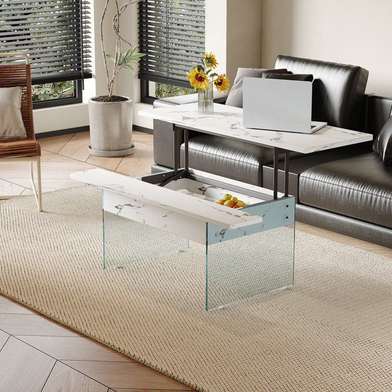 Table basse multifonctionnelle à plateau relevable - Motif de marbre noir, indispensable pour les maisons modernes. Pieds en verre trempé