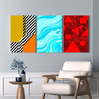 Abstract Geometric And Wave Pattern Canvas Wrapped Wall Art Set Of 3 For Living Room Bedroom Or Office Decor