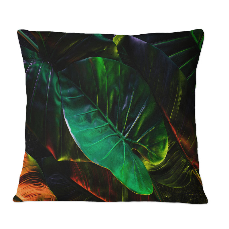 Feuilles tropicales ton sur ton noir - Coussin décoratif imprimé tropical, 18 po x 18 po