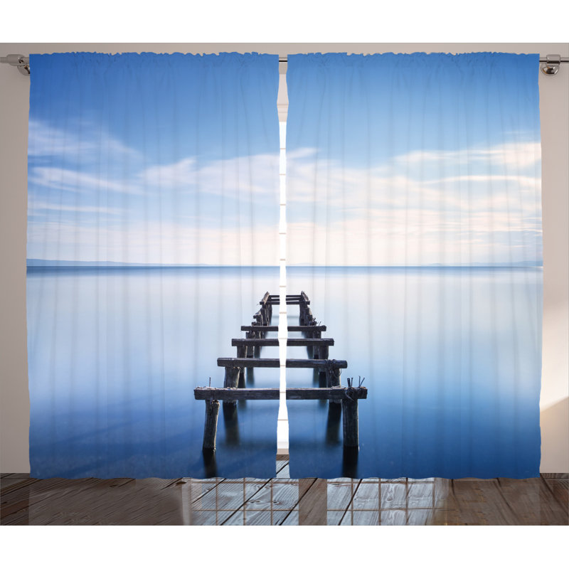 Old Jetty in the Lake with Sky Horizon Landscape Calm Nature Picture 2 Piece Semi Sheer Curtain Set, 280cm Width x 245cm Drop