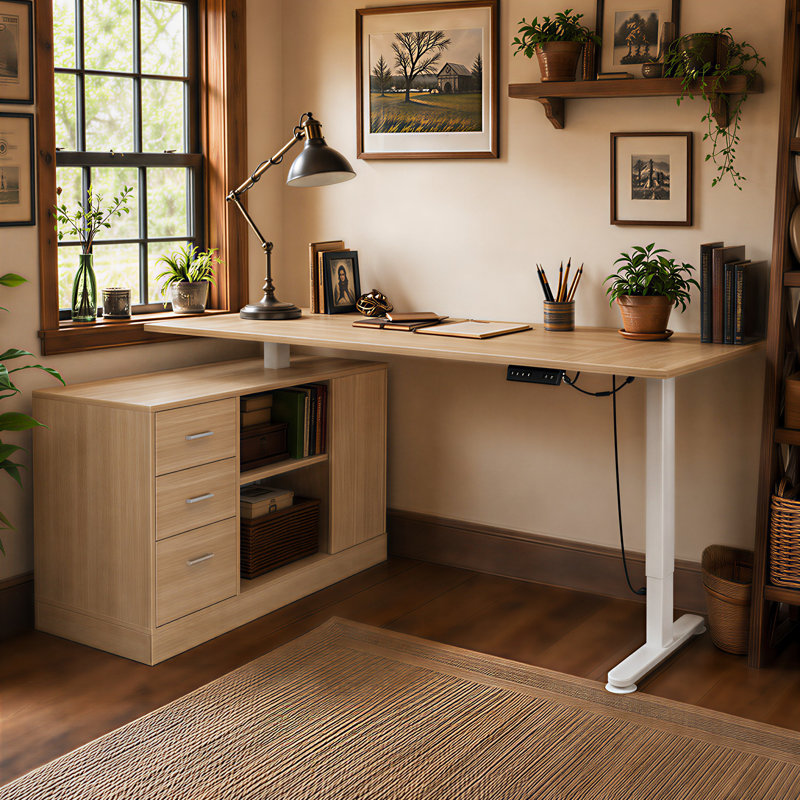 Bureau ergonomique assis-debout avec contrôleur de mémoire, Burlywood / blanc
