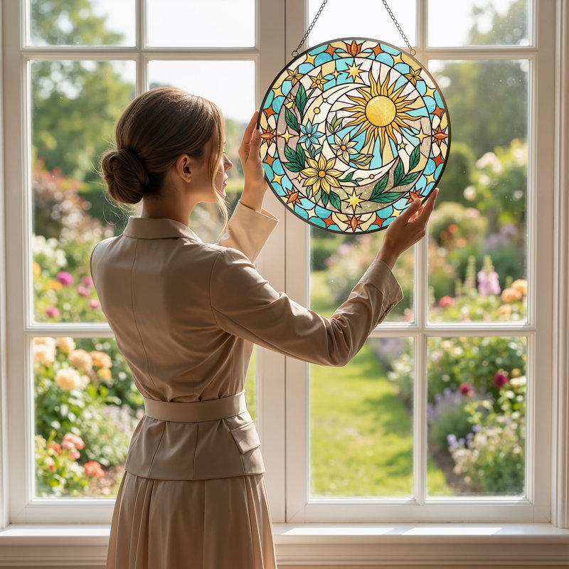Panneau de vitrail Sun Moon ， 7,8H, 7.8"H