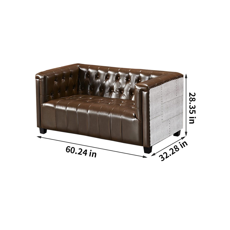 French Industrial Style Aluminum Skin Sofa 60.24'' Faux Leather Loveseat