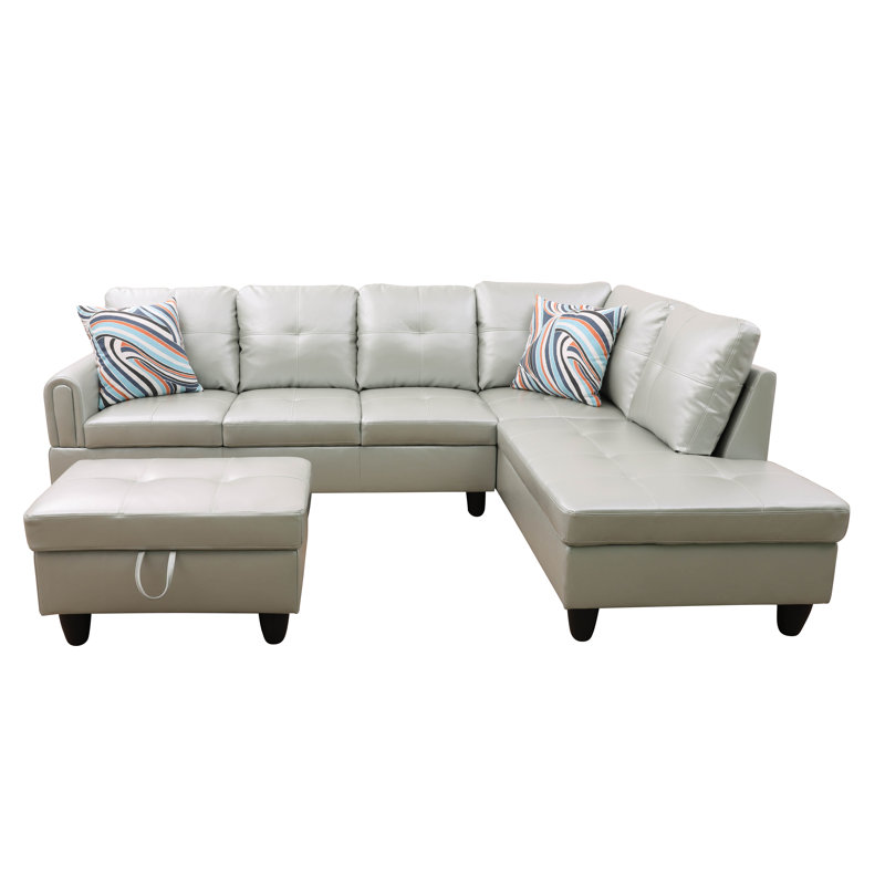 Jayzen 3 - Piece Vegan Sectional, Right Hand Facing, Silver Green Faux Leather, Black