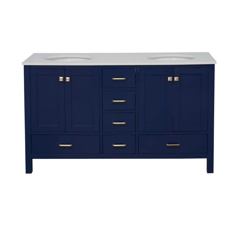 Ensemble de meuble-lavabo double 60 po Claudett, Bleu royal, Blanc d'ingénierie