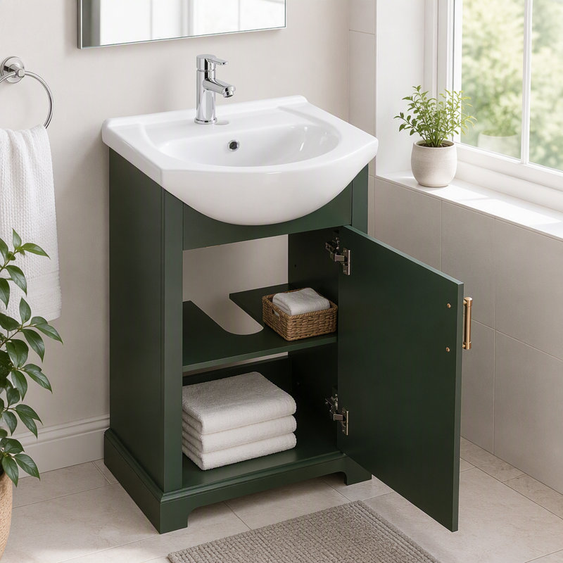 Meuble-lavabo de salle de bain avec lavabo en céramique bombé et porte à fermeture en douceur, Green