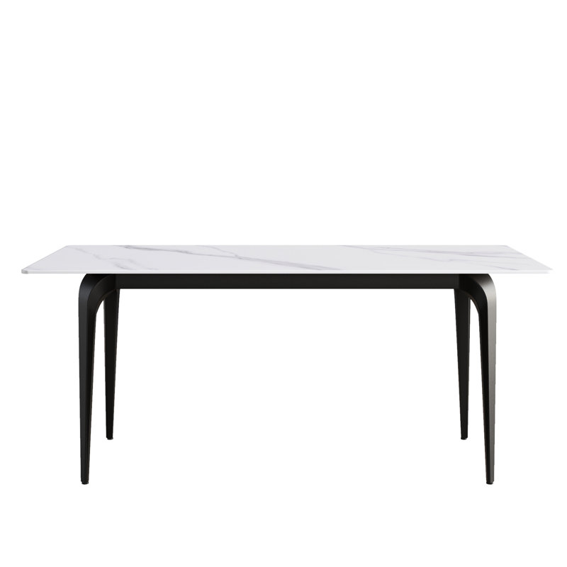 Table de salle à manger 71,71 po à bord droit blanc - surface en pierre frittée de 12 mm d'épaisseur, pieds en métal noir, peut accueillir 6 à 8 personnes, pour résister au stress, facile à nettoyer et à désinfecter, matériau moderne, croissance