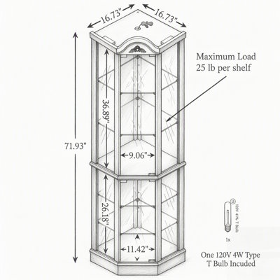 Vitrine d'angle éclairée avec étagères réglables et détails sculptés pour des solutions de rangement élégantes à la maison
