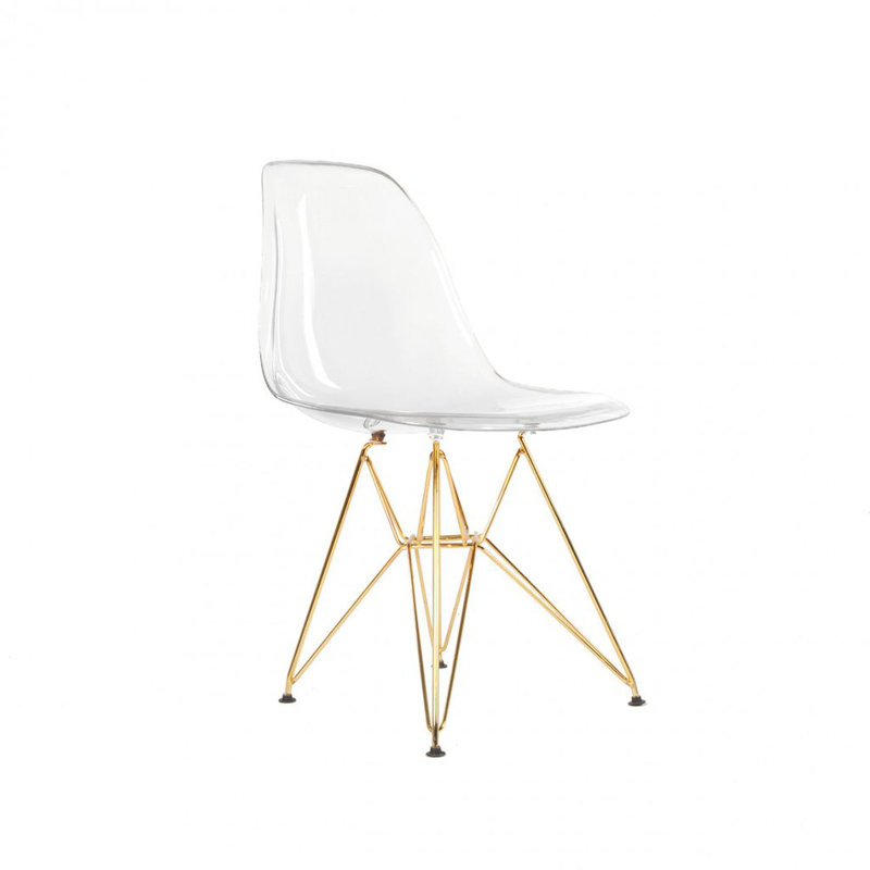 Chaise de salle à manger moderne sans accoudoirs en acrylique transparent avec base Eiffel en métal doré, Clair