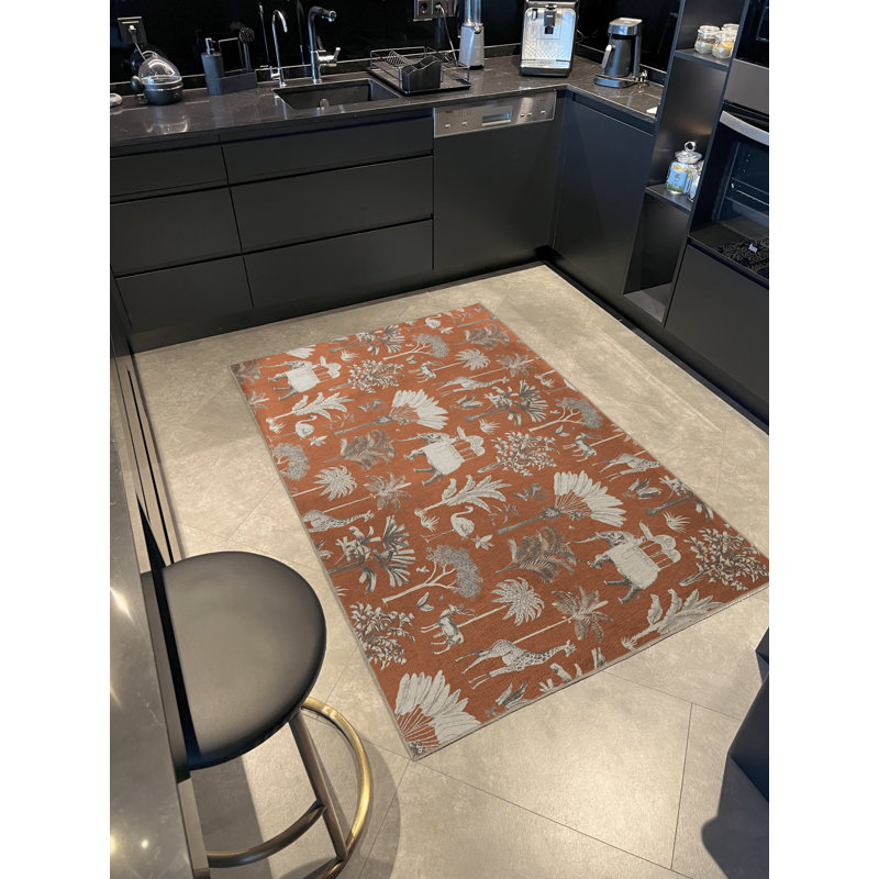 Tapis décoratif moderne à motif orange et beige sur le thème des arbres et des animaux sauvages