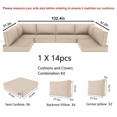 14pcs Outdoor Sectional Cushions Set, Only Cushions, 4" Thick Seat Back Cushion,  Patio Furniture Sofa Replacement Cushions For 6 Seat