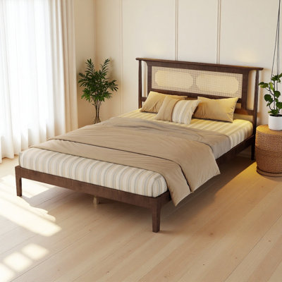Pine Wooden, Solid Wooden Bed with Rattan Headboard, Reinforced by Support Wood Legs