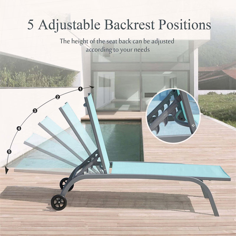 Ensemble de 3 chaises longues avec roulettes et positions réglables, Bleu lac