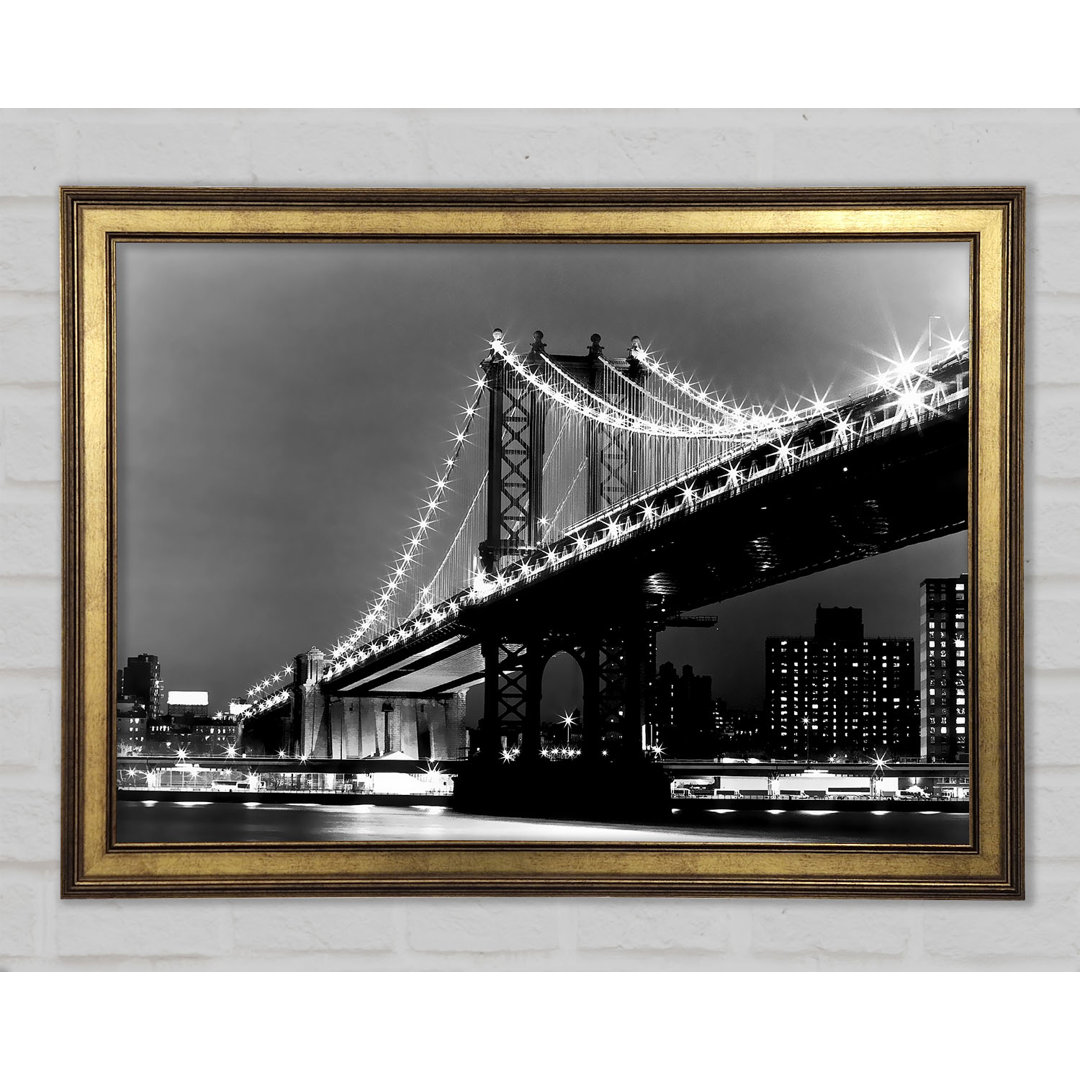 Brooklyn Bridge Lights B And W - Einzelner Bilderrahmen Kunstdrucke auf Holz