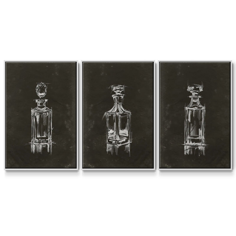 Crystal Barware I - Ensemble de 3 cadres flottants sur toile, H 36 po x l 72 po, Cadre flottant blanc