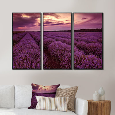 Sunrise and Dramatic Clouds over Lavender Field III - 3 pièces, reproduction sur cadre flottant sur toile