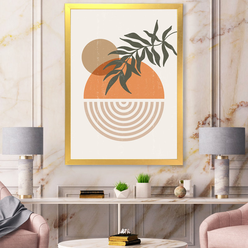 Abstrait géométrique, soleil et lune avec feuille I - photographie encadrée sur toile, Encadrement doré