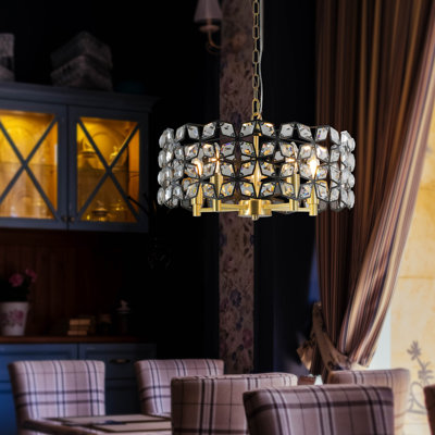 Lustre rond 19 po à motif géométrique en cristal et or noir - luminaire moderne à 5 lumières pour la salle à manger, le salon ou la cuisine (ampoule non incluse)