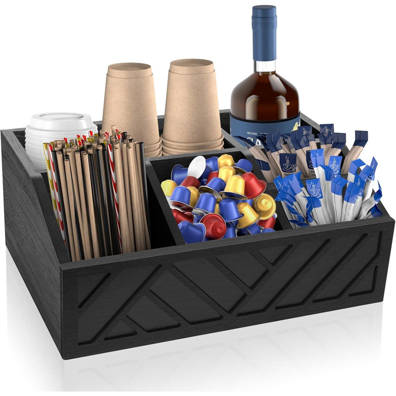Organisateur de bar à café en bois avec conception de rampe ergonomique, rangement de condiments de grande capacité pour dosettes de café, sirops, tasses et accessoires pour le thé, station de comptoir multifonctionnelle