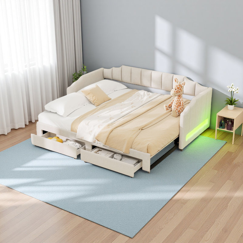 Lit de jour rembourré simple TG avec deux tiroirs de rangement et lumière DEL, Beige
